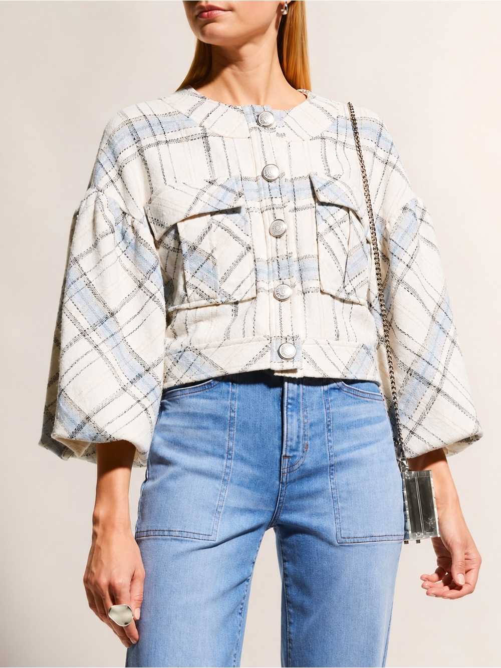 Veronica Beard Nikolai Plaid Tweed Cropped Puff Sleeve Jacket Size 2